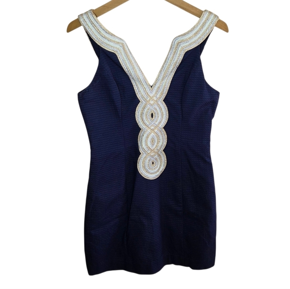 Lilly Pulitzer Vali Shift Mini Dress True Navy Gold Silver Metallic Trim Size 2